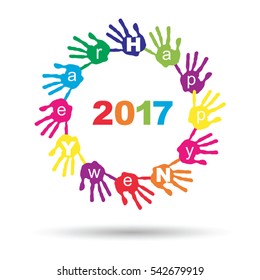 Vektorkonzept oder konzeptioneller Kreis von bunten Handdruck- oder Handdrucktexten von Kindern für ein glückliches Neujahr 2017, einzeln auf weißem Hintergrund für Feiern, Feiertage, Feiern oder sogar Veranstaltungen