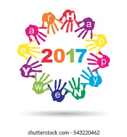 Vector concept or conceptual circle of colorful hand print or handprint text made by children for Happy New Year 2017 greeting isolated on white background for celebration, holiday, party or eve event