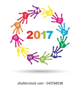 Vector concept or conceptual circle of colorful hand print or handprint text made by children for Happy New Year 2017 greeting isolated on white background for celebration, holiday, party or eve event