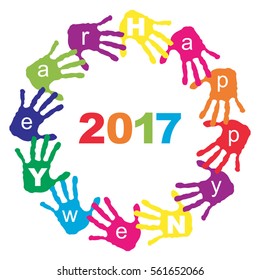 Vector concept or conceptual circle of colorful hand print or handprint text made by children for Happy New Year 2017 greeting isolated on white background for celebration, holiday, party or eve event
