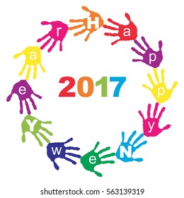 Vector concept or conceptual circle of colorful hand print or handprint text made by children for Happy New Year 2017 greeting isolated on white background for celebration, holiday, party or eve event