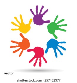 Vector concept or conceptual circle spiral of colorful hand prints made by children isolated on white background for paint, handprint, symbol, people, identity, together, friendship, play, fun designs