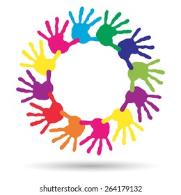 Vector concept or conceptual circle spiral of colorful hand prints made by children isolated on white background for paint, handprint, symbol, people, identity, together, friendship, play, fun designs