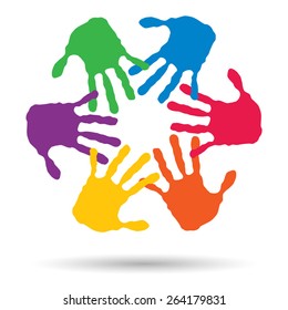 Vector concept or conceptual circle spiral of colorful hand prints made by children isolated on white background for paint, handprint, symbol, people, identity, together, friendship, play, fun designs
