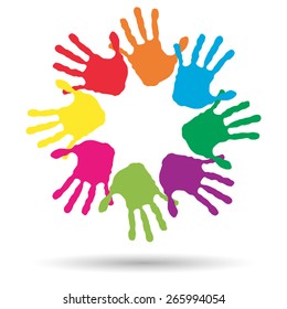 Vector concept or conceptual circle spiral of colorful hand prints made by children isolated on white background for paint, handprint, symbol, people, identity, together, friendship, play, fun designs