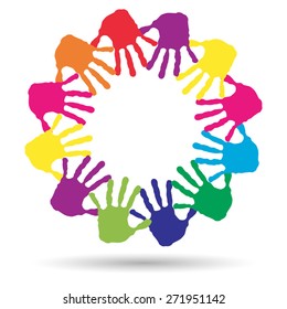 Concepto vectorial o espiral de círculo conceptual de las impresiones coloridas hechas a mano por niños aislados en fondo blanco para pintura, huella de mano, símbolo, personas, identidad, juntos, amistad, juego, diseños divertidos