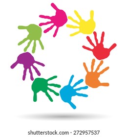 Vector concept or conceptual circle spiral of colorful hand prints made by children isolated on white background for paint, handprint, symbol, people, identity, together, friendship, play, fun designs