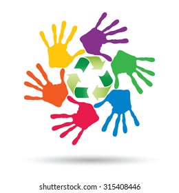 Vector concept or conceptual circle or spiral of colorful hand prints made by children with a green recycle symbol isolated on white background, for ecology, education, environment, eco, global nature