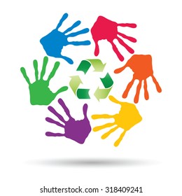 Vector concept or conceptual circle or spiral of colorful hand prints made by children with a green recycle symbol isolated on white background, for ecology, education, environment, eco, global nature