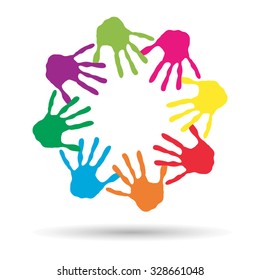 Concepto vectorial o espiral de círculo conceptual de las impresiones coloridas hechas a mano por niños aislados en fondo blanco para pintura, huella de mano, símbolo, personas, identidad, juntos, amistad, juego, diseños divertidos