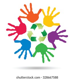 Vector concept or conceptual circle or spiral of colorful hand prints made by children with a green recycle symbol isolated on white background, for ecology, education, environment, eco, global nature