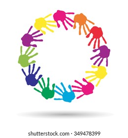 Vector concept or conceptual circle spiral of colorful hand prints made by children isolated on white background for paint, handprint, symbol, people, identity, together, friendship, play, fun designs