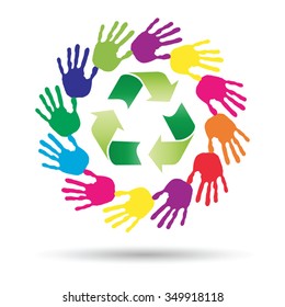 Vector concept or conceptual circle or spiral of colorful hand prints made by children with a green recycle symbol isolated on white background, for ecology, education, environment, eco, global nature