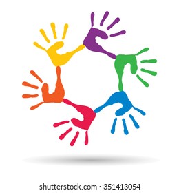 Vector concept or conceptual circle spiral of colorful hand prints made by children isolated on white background for paint, handprint, symbol, people, identity, together, friendship, play, fun designs