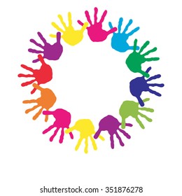 Vector concept or conceptual circle spiral of colorful hand prints made by children isolated on white background for paint, handprint, symbol, people, identity, together, friendship, play, fun designs