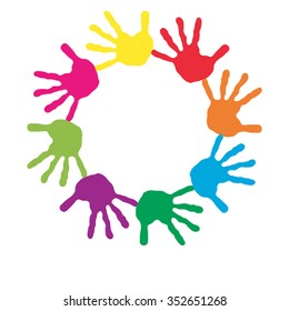 Vector concept or conceptual circle spiral of colorful hand prints made by children isolated on white background for paint, handprint, symbol, people, identity, together, friendship, play, fun designs
