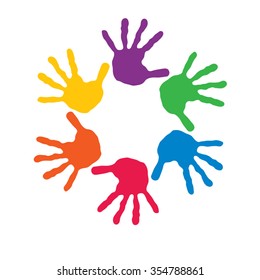 Vector concept or conceptual circle spiral of colorful hand prints made by children isolated on white background for paint, handprint, symbol, people, identity, together, friendship, play, fun designs