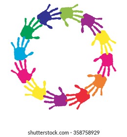 Vector concept or conceptual circle spiral of colorful hand prints made by children isolated on white background for paint, handprint, symbol, people, identity, together, friendship, play, fun designs