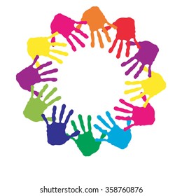 Vector concept or conceptual circle spiral of colorful hand prints made by children isolated on white background for paint, handprint, symbol, people, identity, together, friendship, play, fun designs