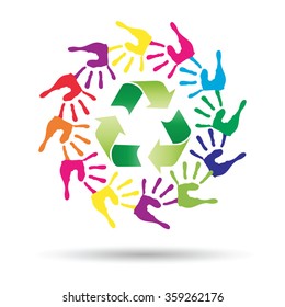 Vector concept or conceptual circle or spiral of colorful hand prints made by children with a green recycle symbol isolated on white background, for ecology, education, environment, eco, global nature