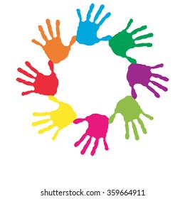 Vector concept or conceptual circle spiral of colorful hand prints made by children isolated on white background for paint, handprint, symbol, people, identity, together, friendship, play, fun designs