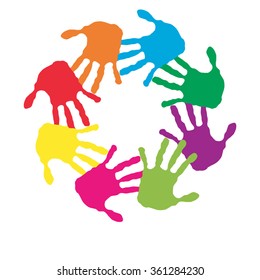 Concepto vectorial o espiral de círculo conceptual de las impresiones coloridas hechas a mano por niños aislados en fondo blanco para pintura, huella de mano, símbolo, personas, identidad, juntos, amistad, juego, diseños divertidos