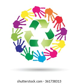 Vector concept or conceptual circle or spiral of colorful hand prints made by children with a green recycle symbol isolated on white background, for ecology, education, environment, eco, global nature