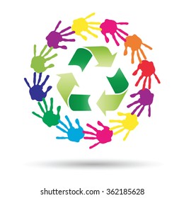 Vector concept or conceptual circle or spiral of colorful hand prints made by children with a green recycle symbol isolated on white background, for ecology, education, environment, eco, global nature