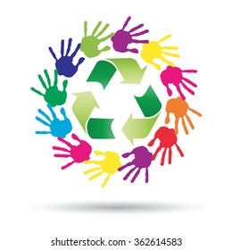 Vector concept or conceptual circle or spiral of colorful hand prints made by children with a green recycle symbol isolated on white background, for ecology, education, environment, eco, global nature