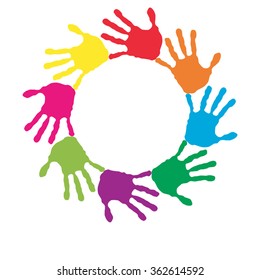 Vector concept or conceptual circle spiral of colorful hand prints made by children isolated on white background for paint, handprint, symbol, people, identity, together, friendship, play, fun designs