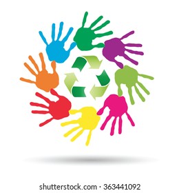 Vector concept or conceptual circle or spiral of colorful hand prints made by children with a green recycle symbol isolated on white background, for ecology, education, environment, eco, global nature