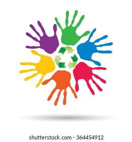 Vector concept or conceptual circle or spiral of colorful hand prints made by children with a green recycle symbol isolated on white background, for ecology, education, environment, eco, global nature