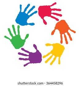 Vector concept or conceptual circle spiral of colorful hand prints made by children isolated on white background for paint, handprint, symbol, people, identity, together, friendship, play, fun designs