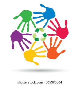 Vector concept or conceptual circle or spiral of colorful hand prints made by children with a green recycle symbol isolated on white background, for ecology, education, environment, eco, global nature