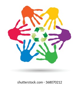 Vector concept or conceptual circle or spiral of colorful hand prints made by children with a green recycle symbol isolated on white background, for ecology, education, environment, eco, global nature
