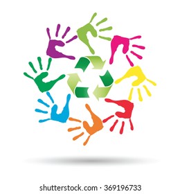 Vector concept or conceptual circle or spiral of colorful hand prints made by children with a green recycle symbol isolated on white background, for ecology, education, environment, eco, global nature