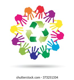Vector concept or conceptual circle or spiral of colorful hand prints made by children with a green recycle symbol isolated on white background, for ecology, education, environment, eco, global nature
