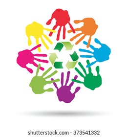 Vector concept or conceptual circle or spiral of colorful hand prints made by children with a green recycle symbol isolated on white background, for ecology, education, environment, eco, global nature