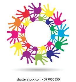 Vector concept or conceptual circle spiral of colorful hand prints made by children isolated on white background for paint, handprint, symbol, people, identity, together, friendship, play, fun designs