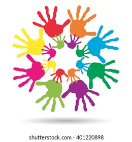 Vector concept or conceptual circle spiral of colorful hand prints made by children isolated on white background for paint, handprint, symbol, people, identity, together, friendship, play, fun designs