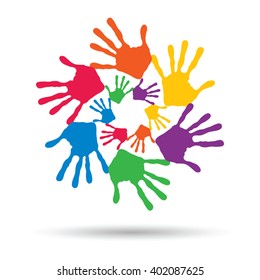 Vector concept or conceptual circle spiral of colorful hand prints made by children isolated on white background for paint, handprint, symbol, people, identity, together, friendship, play, fun designs