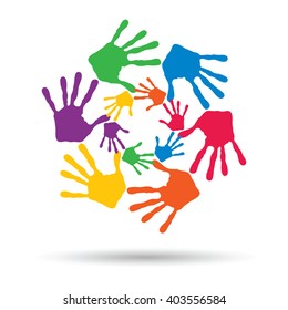Vector concept or conceptual circle spiral of colorful hand prints made by children isolated on white background for paint, handprint, symbol, people, identity, together, friendship, play, fun designs