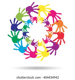 Vector concept or conceptual circle spiral of colorful hand prints made by children isolated on white background for paint, handprint, symbol, people, identity, together, friendship, play, fun designs