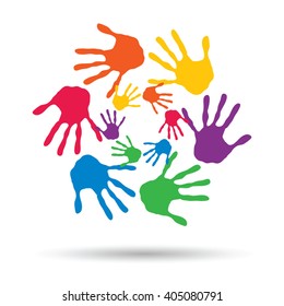 Vector concept or conceptual circle spiral of colorful hand prints made by children isolated on white background for paint, handprint, symbol, people, identity, together, friendship, play, fun designs