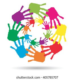 Vector concept or conceptual circle spiral of colorful hand prints made by children isolated on white background for paint, handprint, symbol, people, identity, together, friendship, play, fun designs