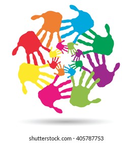 Vector concept or conceptual circle spiral of colorful hand prints made by children isolated on white background for paint, handprint, symbol, people, identity, together, friendship, play, fun designs