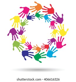 Vector concept or conceptual circle spiral of colorful hand prints made by children isolated on white background for paint, handprint, symbol, people, identity, together, friendship, play, fun designs