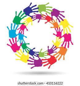 Vector concept or conceptual circle spiral of colorful hand prints made by children isolated on white background for paint, handprint, symbol, people, identity, together, friendship, play, fun designs