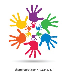 Vector concept or conceptual circle spiral of colorful hand prints made by children isolated on white background for paint, handprint, symbol, people, identity, together, friendship, play, fun designs