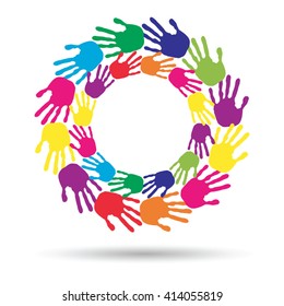 Vector concept or conceptual circle spiral of colorful hand prints made by children isolated on white background for paint, handprint, symbol, people, identity, together, friendship, play, fun designs